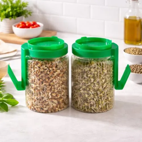 HomeWiz Sprout Maker Jar | Set of 2, 720 ml Each Sprout Jar | Plastic Container with Mesh Lid & Green Cap for Sprouting Moong, Chana, Beans & Pulses | BPA-Free, Hygienic & Reusable | 1440 ml Total