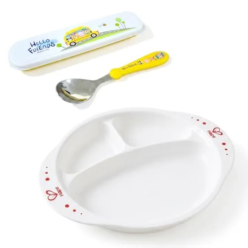 GLUN® Premium Kids' Mealtime Set, 3 Compartment Feeding Plate with Durable Stainless Steel Spoon, Soft-Grip with Travel Case, Ergonomic Handle & Portable