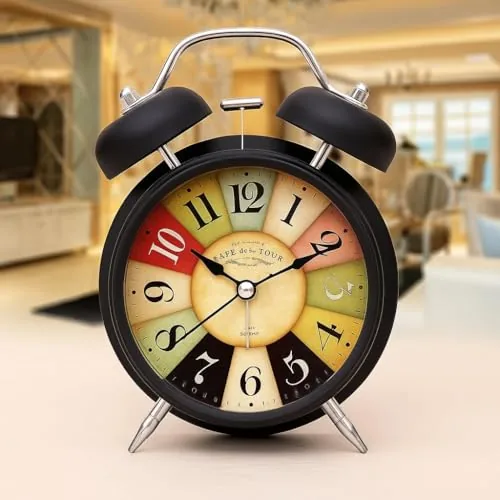 JASIFS Vintage Twin Bell Alarm Clock, Analog Display, Night LED Light, Extra Loud Heavy Ringer, Table Clock for Students and Kids Bedroom (Black Rainbow Clock)
