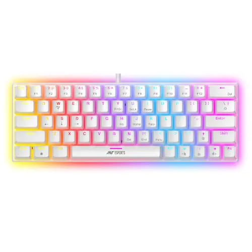 Ant Esports MK1200 Mini 60% Wired Mechanical Gaming Keyboard – Red Switch, Rainbow Backlit, 61 Keys, Anti-Ghosting, USB, Compact TKL – Compatible with Windows, macOS, PS5, Xbox, Laptop & PC (White)