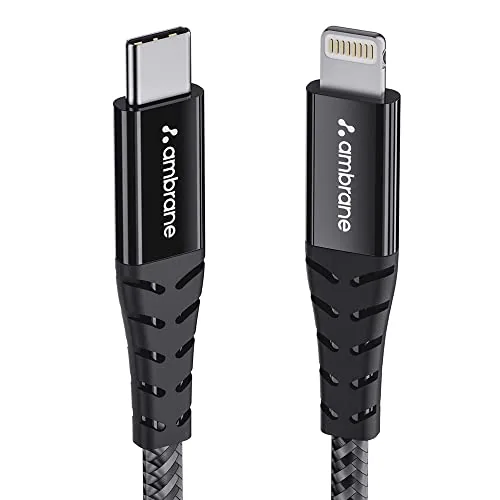 Ambrane Type-C to Lightning USB Cable, 22.5W Fast Charging, 480Mbps Data Sync Cable Compatible with iPhone, iPad, Macbook, iMac, AirPods, 1.25m (ABTL-125 Black)