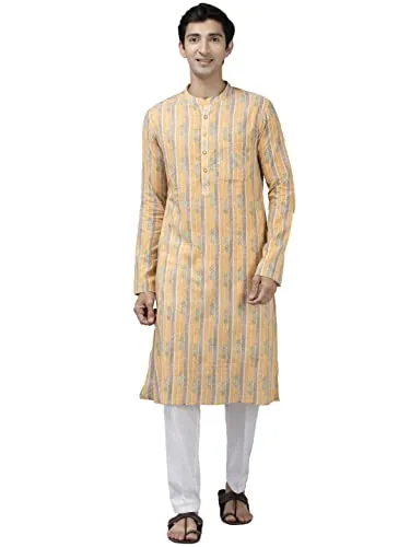 See Designs Men Yelow Self Printed Pure Cotton Straight Kurta_SDKT1044S Yellow