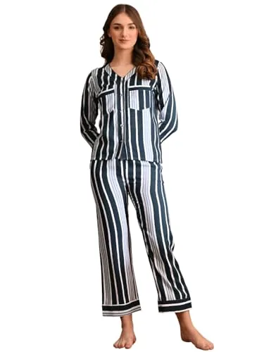 UNIfringe Women's Rayon Night Suit – Soft & Breathable Pajama Set | Striped Front Shirt with Two Pockets | | Travel Outfit | Co-Ord Night Suit | Co-Ord Sleepwear | Soft Fabric | Summer Sleepwear Blue