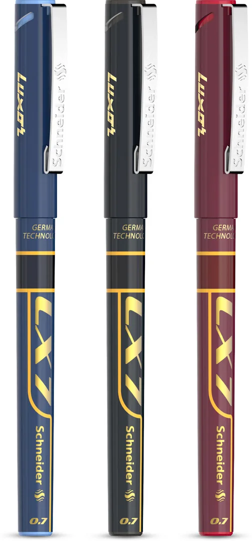 LUXOR Schneider LX7 Technoroller| 0.7 mm tip| German Technology| 100% Liquid Ink Roller Ball Pen (Pack of 3, Ink Color - Blue+Black+Red)