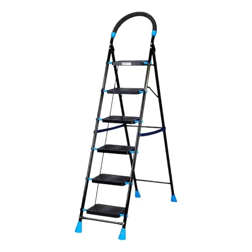 Amazon Basics Curvo-Foldable Step Ladder, Ribbed Steps, Knee Guard, Non-Marring PVC Shoes, 6 Steps (Black & Blue)