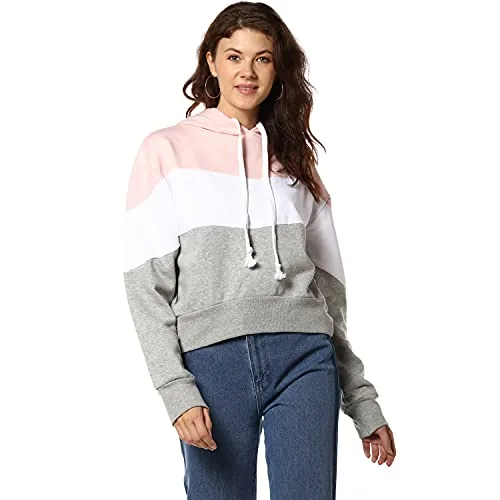Campus Sutra Women's Pink & Grey Colour-Blocked Regular Fit Sweatshirt with Hoodie for Winter Wear | Full Sleeve | Cotton Sweatshirt | Casual Sweatshirt for Woman