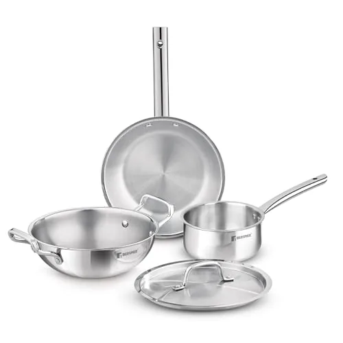 Bergner TriPro 4 Pcs Tri-Ply Stainless Steel Induction Bottom Cookware Set - 22cm (2L) Kadai and 22cm (1L) Frypan with Common Stainless Steel Lid, 14cm (1L) Teapan, Less Oil Use, Easy to Clean