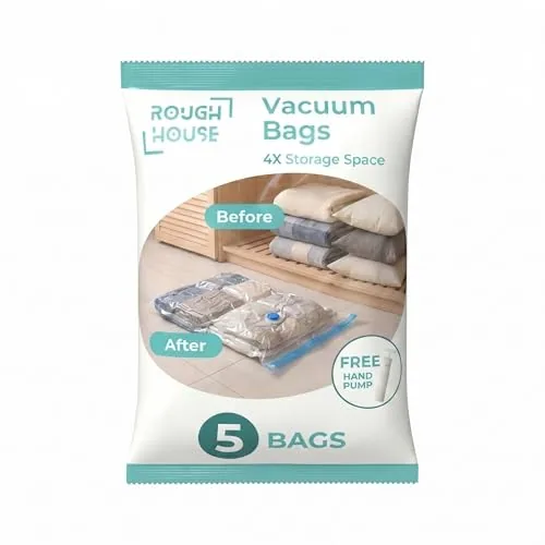 Roughhouse Vacuum Storage Bags Pack of 5 Medium | 60 Micron Thick | All Medium (50×70 cm) | Travel & Wardrobe Space Saver | Airtight Double-Zip Bags for Woollens, Clothes, Jackets | Free Pump