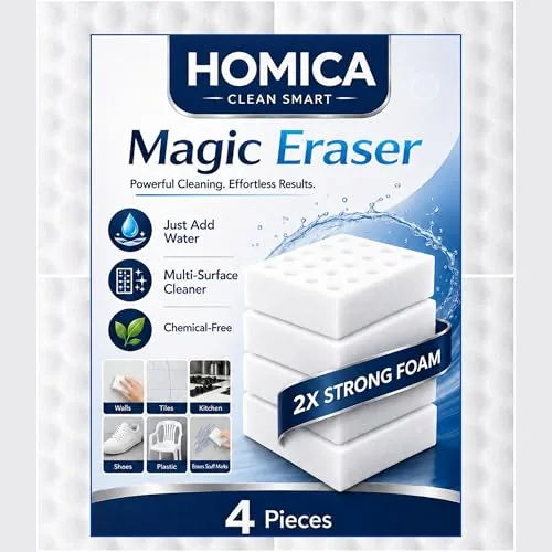 Pack of 4 Homica Magic Eraser Cleaning Sponge | Chemical-Free Multi-Purpose Cleaning Sponge | Just Add Water | Removes Marks, Stains | for Kitchen, Bathroom, Walls, Shoes & Appliances