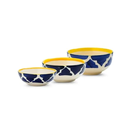 KitchEase Moroccan Print Blue Ceramic Bowls Set of 3, Microwave & Dishwasher Safe Perfect for Serving Pasta, Maggi, Cereal, Snacks, Rice, Dal, Fruits, for Daily Use & Gifting.(75ml, 125ml & 200ml)