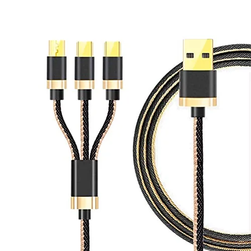 HISCIN MKU3I1 3 Amp 3 in 1 Nylon Braided Multi Charging Cable Multiple USB Phone Charger Cord Type C/Micro USB & iOS Connector (Black with Golden)