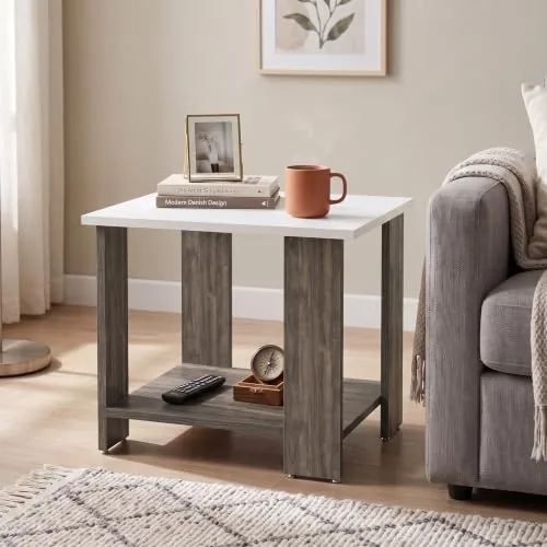 Andca Echo 2-Tier Center Table & Side Table - Modern Dual-Tone Coffee Table for Living Room & Bedroom | Premium Engineered Wood, Frosty White & Dark Oak (47 x 40 x 42 cm)