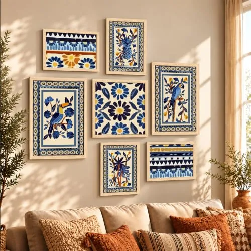 PAINTINGMANTRA Set of 7 Indian Wall Art Prints of Blue Birds with Flower Ritual theme Framed Vintage Poster for Home, Living room, Bathroom & Hotel Decor (Size: 9.3x12.7, 13x13 & 12.7x17.5 Inch)
