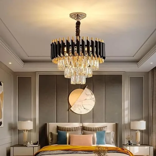 Weldeccor®Luxury Crystal Chandelier for Living Room Bedroom | Black Gold Modern LED Ceiling Light | Designer Hanging Lamp for Hall Dining Foyer (BG-400mm)
