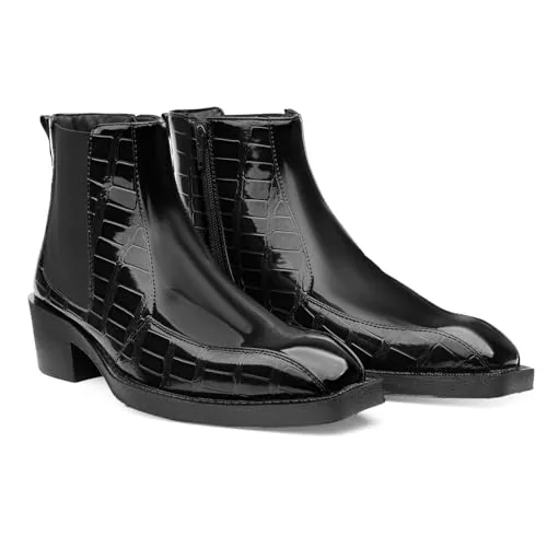 BXXY Men's 2 Inch Block Heel Height Increasing Faux Leather Material, Black Casual Formal Slip-On Chelsea Boot.- 8 UK
