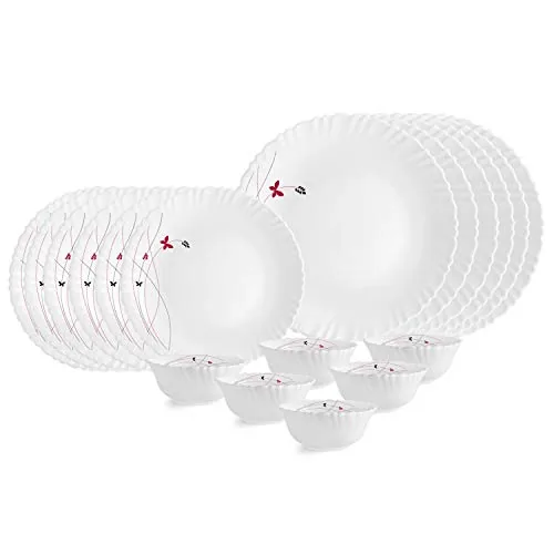 CELLO Lush Fiesta Dazzle Series Opalware Dinner Set of 18 Pieces for Family of 2 | Bone-Ash Free & Leadfree Opal Glass, Microwave & Dishwasher Safe, Plates & Bowls Crockery Set for Dining & Gifting
