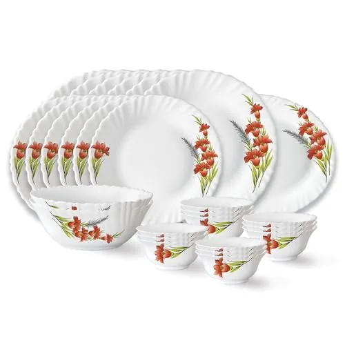 Larah by Borosil Red Iris Fluted Series Opalware Dinner Set | 27 Pieces for Family of 6 | Microwave & Dishwasher Safe | Bone-Ash Free | Crockery Set for Dining & Gifting | Plates & Bowls | White
