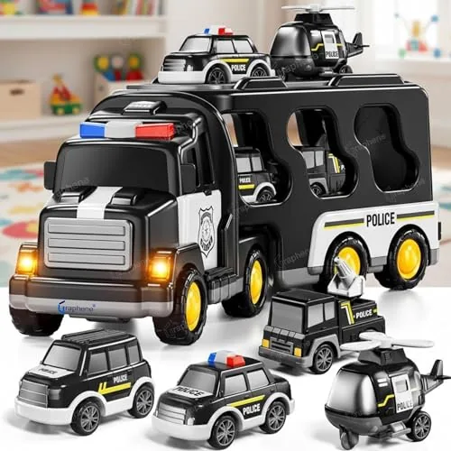 GRAPHENE 5 in 1 Friction Powered Police Truck Toy Car Set for Boy 3-10 Years Transport Vehicle Montessori Carrier Educational Light Music Pullback 1 Monster Truck 4 Mini Helicopter Taxi Playset Gift