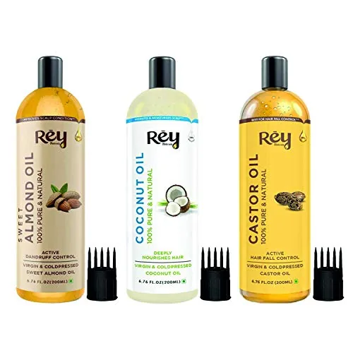 Rey Naturals Hair Oil Combo - Cold Pressed Castor Oil, Virgin & Pure Coconut oil & Sweet Almond Oil For Hair, Skin & Face - 200ml Each | For Hair Growth, Hairfall Control, Eyebrow & Eyelashes