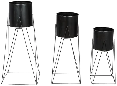 Amazon Brand - Solimo Metal Planters Pot Holder (Square Base) with Metal Plant Stand (Black, Set of 3) | Tall Indoor Plant Stand with Planter Pot, suited for indoor/outdoor