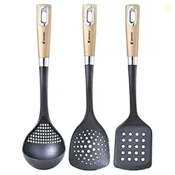 Bergner Centro 3 Pcs Nylon Kitchen Tool Set, 1 Slotted Turner, 1 Ladle and 1 Skimmer, Non-Toxic, Food Safe, Comfortable Grip - Black