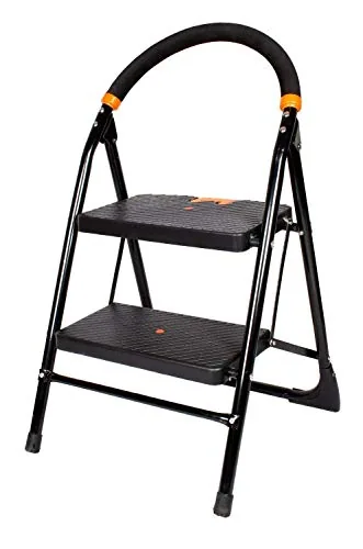 CIPLA PLAST 2 Step Ladder for Home use | Heavy Duty Alloy Steel Foldable Step Ladder with Anti Skid Shoes and Extra Strong Wide Steps Milano 2 Steps | GEC-L2M (Black)