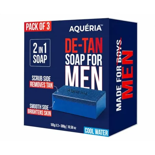 Aqueria De-Tan & Brightening 2-in-1 Bath Soap for Men | Cool water perfume | Tan Removal, Skin Brightening & Gentle Exfoliation | Dual-Sided Scrub & Smooth Soap | Deep Cleansing Face & Body Soap for Hydrated, Smooth & Fresh-Looking Skin | Cool Water Fragrance | 300g (Pack of 3) | Up to 90 Washes Remove tan & dullness | Brightens skin