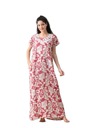 Ichaa Women's Rayon Printed Round-Neck Nighty with Pocket, in Plus Sizes