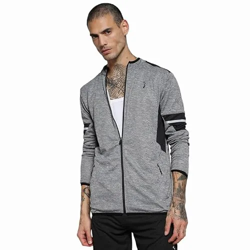 CAHOOT Men's Grey Heathered Activewear Jacket with Contrast Detail for Casual Wear | Hooded Neck | Long Sleeve | Zipper Closure | Polyester Jacket Crafted with Comfort Fit for Everyday Wear