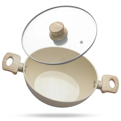 Lifelong Forged Kadhai 24cm Ceramic Coated Beige Non-Stick Kadhai with Glass Lid, Gas & Induction Compatible, Perfect for Cooking, Searing & Stewing