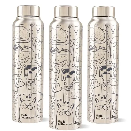 The Better Home Stainless Steel Water Bottle 1 Litre | Water Bottles for Home 1 Ltr | Anti Rust | Odor Free | Printed Steel Bottles | Aesthetic Bottles Perfect for Gifting (Doodle_Pack of 3)