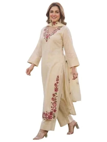 ANNI Designer Women's Viscose Blend Straight Embroidered Kurta with Palazzo and Dupatta (MUKTA Cream_S_Cream_Small)