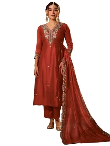 Naixa Women's Vichitra Silk Embroidered Flared Kurta with Pant and Dupatta Sets (NX-695-Rust-M)