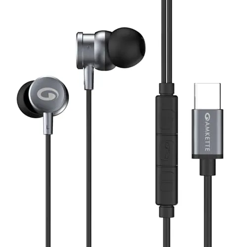 Amkette Trubeats M15 Type C Earphones with Mic, 10mm Drivers, 3 Button Control, AI Assistants, Detachable Collar Clip, Type C Headphones with Ergonomic Earbuds Compatible with C Type Devices, 1.2m