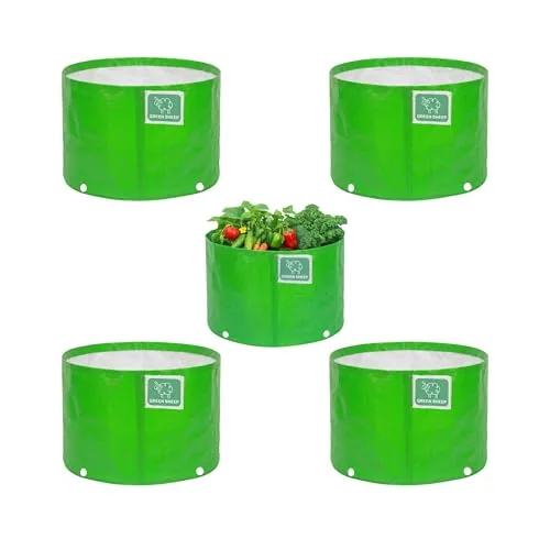 GREENSHEEP HDPE Grow Bag Heavy Duty 260 GSM Round Plants Flower Growing Bags Floor Standing Mount Type for Home Garden Balcony Terrace Kitchen Nursery (Green, 6x6 inch, Pack of 5)