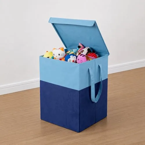PrettyKrafts 75 L Non Woven Printed Rectangular Foldable Large Laundry Bag/Basket With Lid & Handle, Freestanding Clothes Storage Organizer for Bedroom, Dorm (36x36x53cm, Blue, Set of 1)