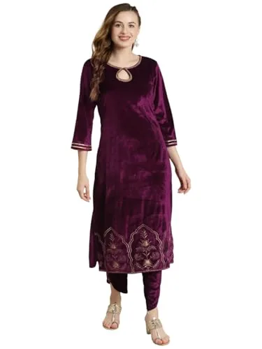 Shae by Sassafras Women's Purple Velvet Hem Zari Embroidered Kurta -S