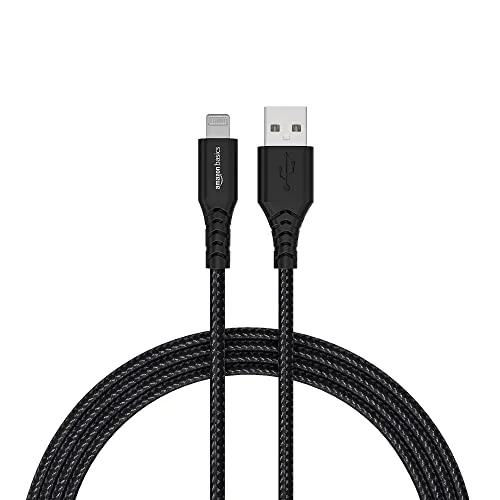 amazon basics PVC Molded Nylon USB A To Lightning Mfi Certified Charging Cable | Compatible with iPhone 13,12,11; 13,12,11 Pro; 13,12 11 Pro Max; 13,12 Mini (Black,1.2M)