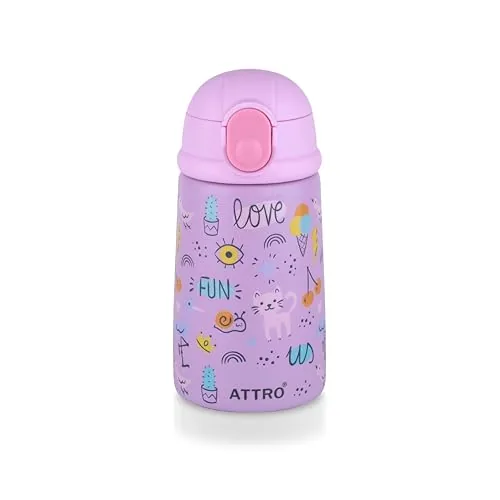 ATTRO Jolly Vacuum Insulated Stainless Steel Kids Water Bottle, 330ml – Leakproof, BPA-Free, Long Temperature Retention, Easy-to-Carry, Cute Funny Pink Print for School & Travel