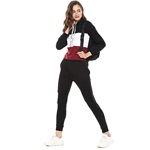 Campus Sutra Women's Black & Red Colour-Blocked Regular Fit Sweatshirt with Hoodie for Winter Wear | Full Sleeve | Cotton Sweatshirt | Casual Sweatshirt for Woman | Stylish Sweatshirt for Women
