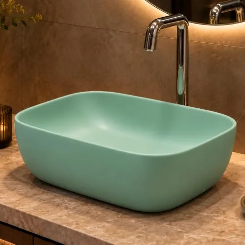 Vivatra Ceramic Tabletop Wash Basin – Matte Rectangular Countertop Vessel Sink with Marble Finish for Bathroom & Vanity | Compact 18 x 13 x 5 Inch | Elegant Washbasin