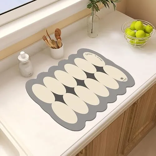 HomeCloud Dish Drying Mat for Kitchen Counter – Super Absorbent, Non-Slip & Heat-Resistant – Quick Dry Rack Pad for Dishes, Utensils, Coffee Maker – Stain-Hiding Design (Cream_Grey)