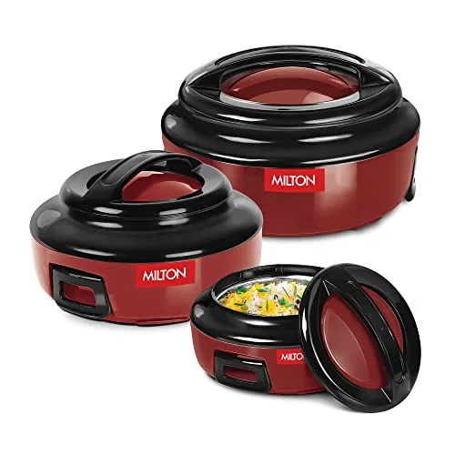 Milton Ernesto Inner Stainless Steel Jr. Casserole Set of 3 (390ml, 720 ml, 1320 ml), Red | Easy to Carry | Serving | Stackable