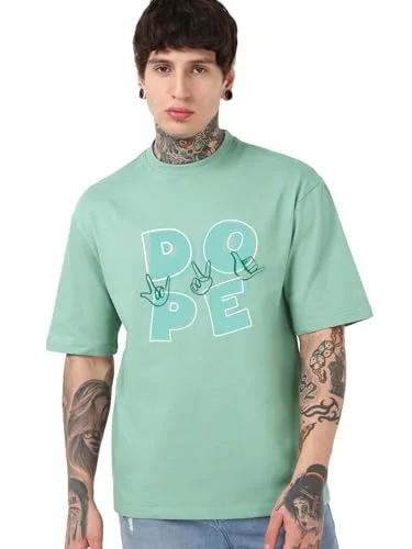Bewakoof Men's Graphic Print Oversized Fit Half Sleeve Round Neck Pure Cotton T-Shirt_681662_Green_2XL