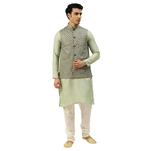 SOJANYA (Since 1958 Men's Silk Blend Pista Kurta & TeaalGreen Nehrujacket With OffWhite Pyjama Combo Size 36