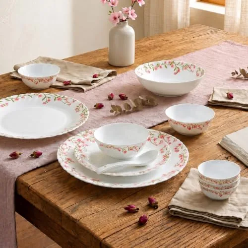 Novo By La Opala Opalware Dinner Set 35 Pcs for Family of 6, Spring Meadows | Microwave & Dishwasher Safe Crockery Set for Home, Bone-Ash Free Bowls & Plates Set, Break-Resistant & Lightweight