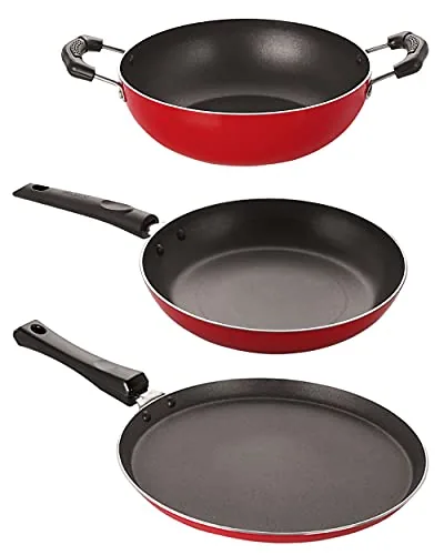 Nirlon 3 Layer Aluminium Non-Stick Coated Chemical Free Healthy Kitchenware Utensil Gift Item Set of 3 Pieces with Bakelitw Handle[3mm Classic_FT10_TP20cm_KD11]