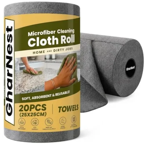 GharNest Microfiber Cleaning Cloth Roll, 20Pcs, 4000 Times Washable - 10X Cheaper Than Paper Kitchen Towel Roll - Ultra Absorbent Lint Free Microfiber Cleaning Cloth for Kitchen - Tearable