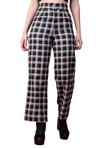 POPWINGS Casual Check Print Button and Zip Closure Trouser for Women | Western Wide-Leg Trouser for Women | Summer Trousers for Women | Comfortable Semi-Formal Work Trouser for Women