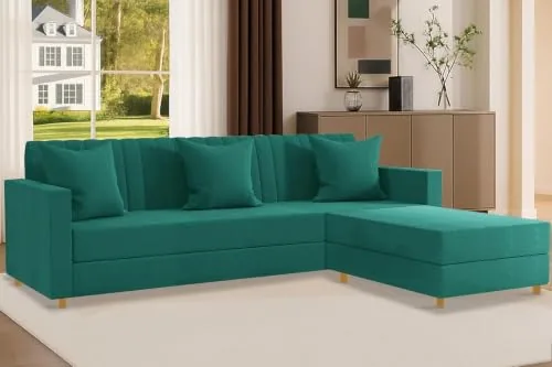 Rosebell 3 + 1 Wooden 4 Seater L Shape Velvet Sofa Set | Convertible Modular Sectional Couch for Living Room | Space-Saving Design for Home & Office Guest Room- Green Color